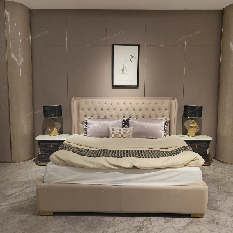Arched Top Leather Bed with Diamond Tufting and High-Gloss Wood Sides
